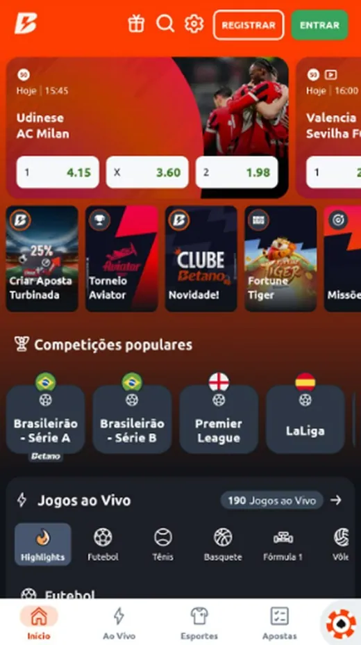 Página inicial da Betano no celular destacando apostas esportivas