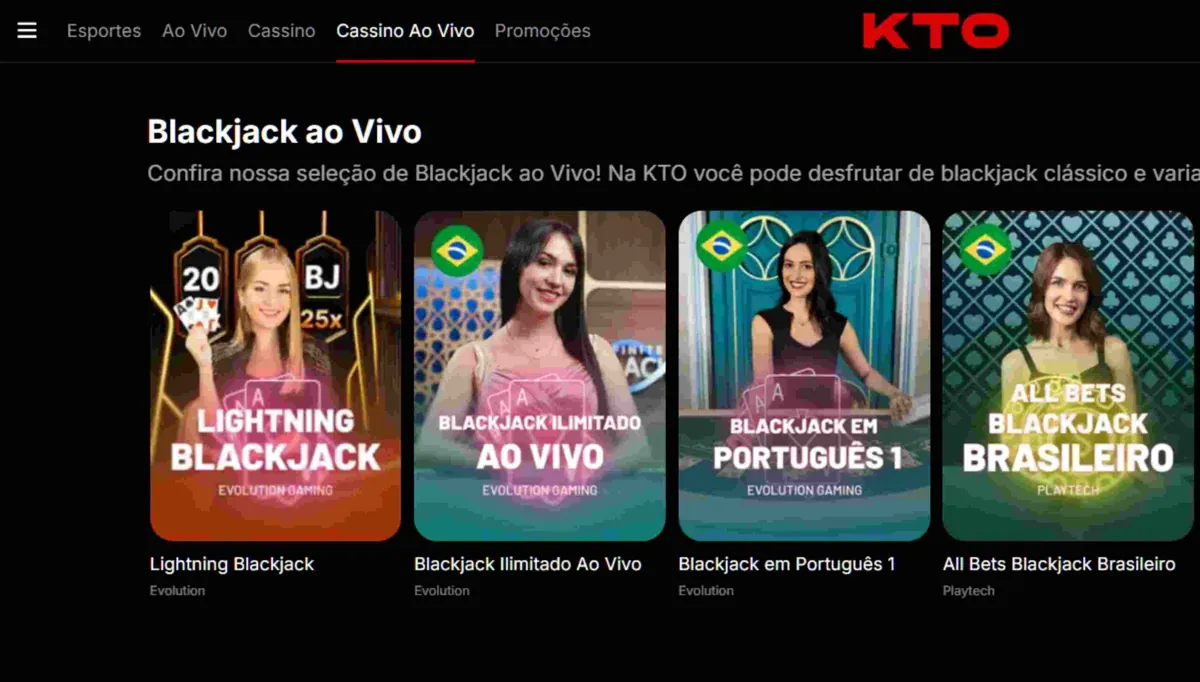 Seção de Cassino Ao Vivo com mesas de Blackjack no site da KTO