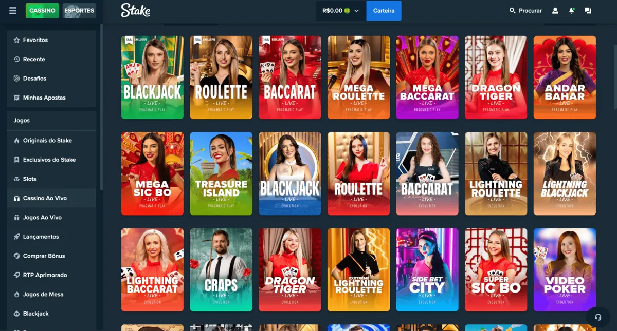 Lobby do cassino ao vivo no Stake com mesas de roleta e blackjack com dealer ao vivo